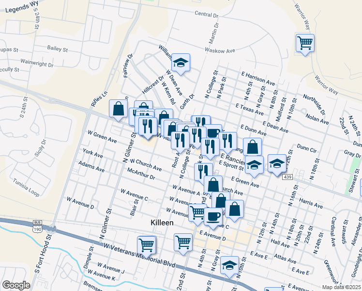 map of restaurants, bars, coffee shops, grocery stores, and more near 901 North College Street in Killeen
