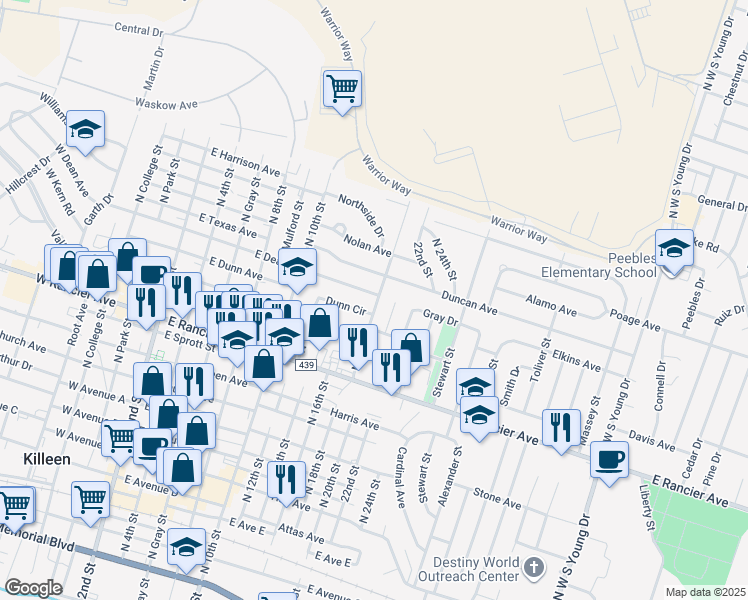 map of restaurants, bars, coffee shops, grocery stores, and more near 1312 North 18th Street in Killeen