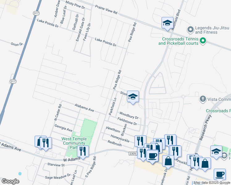 map of restaurants, bars, coffee shops, grocery stores, and more near 628 Parkfield Lane in Temple