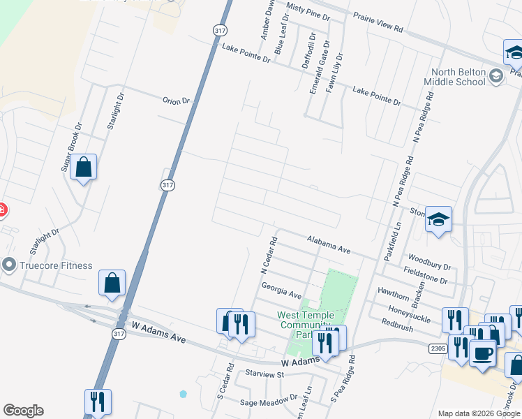 map of restaurants, bars, coffee shops, grocery stores, and more near 230 North Cedar Road in Temple