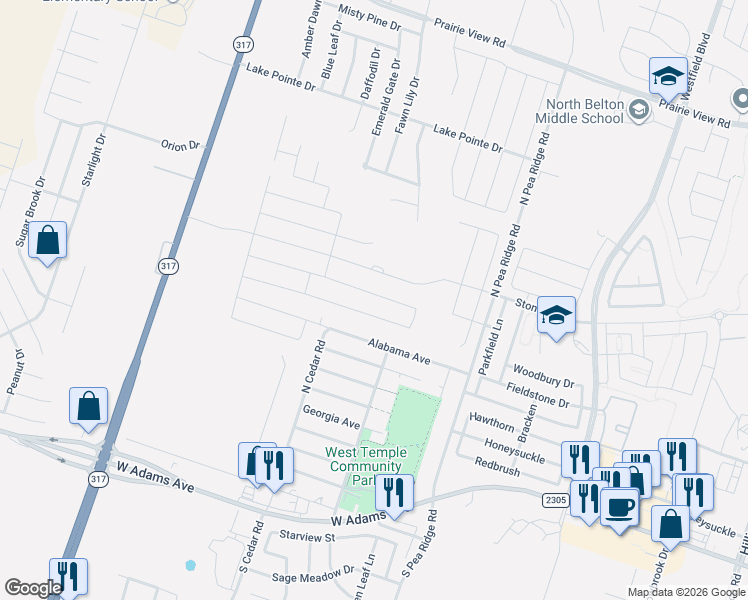 map of restaurants, bars, coffee shops, grocery stores, and more near 8612 Alabama Avenue in Temple