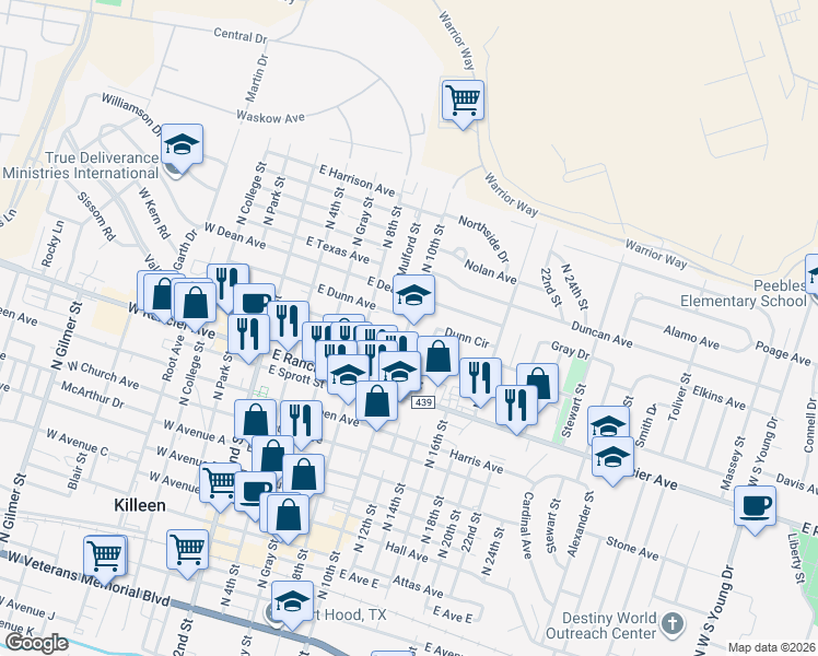 map of restaurants, bars, coffee shops, grocery stores, and more near 513 Ray Avenue in Killeen