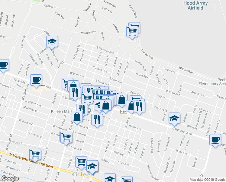 map of restaurants, bars, coffee shops, grocery stores, and more near 1009 North 10th Street in Killeen