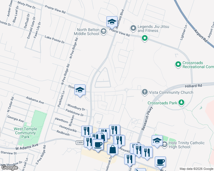 map of restaurants, bars, coffee shops, grocery stores, and more near 1136 Spring Terrace Loop in Temple