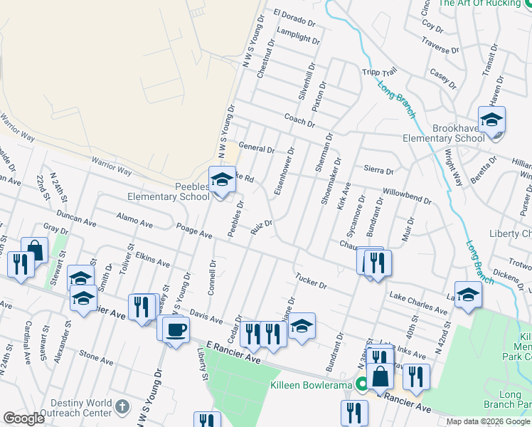 map of restaurants, bars, coffee shops, grocery stores, and more near 1602 Ruiz Drive in Killeen