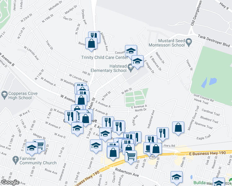 map of restaurants, bars, coffee shops, grocery stores, and more near 708 North 2nd Street in Copperas Cove