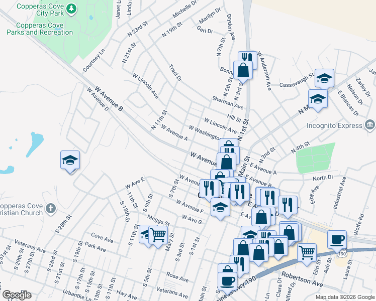 map of restaurants, bars, coffee shops, grocery stores, and more near 519 West Avenue A in Copperas Cove