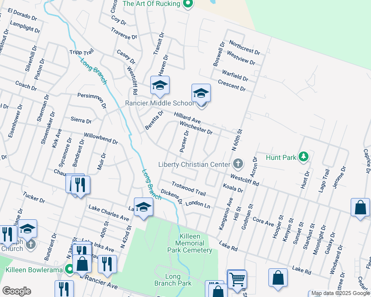 map of restaurants, bars, coffee shops, grocery stores, and more near 2502 Purser Drive in Killeen