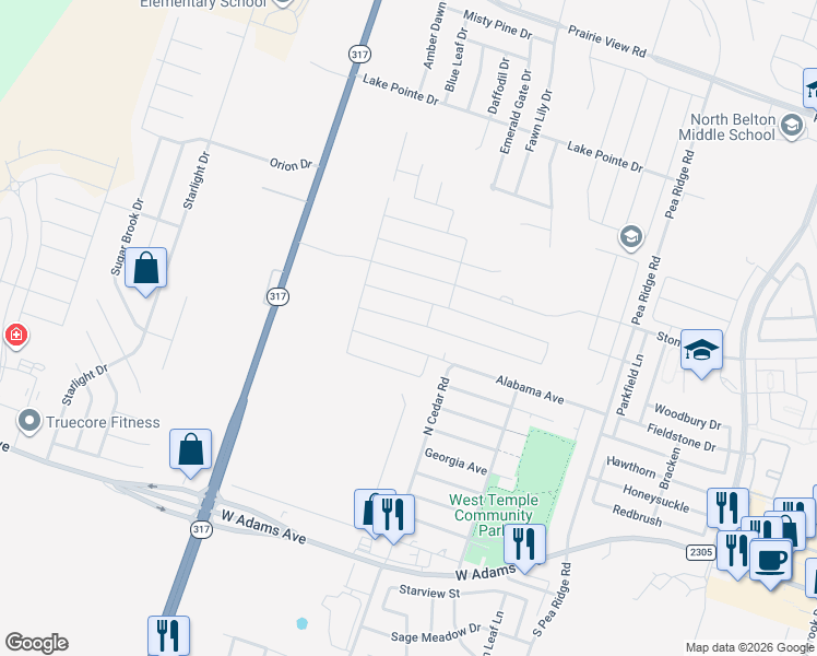 map of restaurants, bars, coffee shops, grocery stores, and more near 8810 Alabama Avenue in Temple