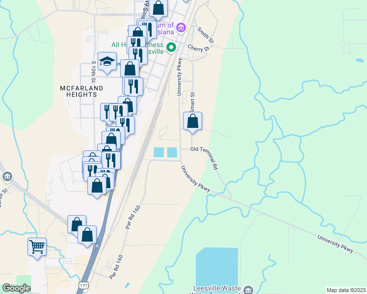 map of restaurants, bars, coffee shops, grocery stores, and more near 1601 University Parkway in Leesville