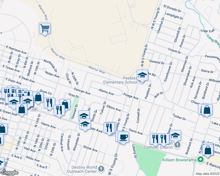 map of restaurants, bars, coffee shops, grocery stores, and more near 1705 Poage Avenue in Killeen