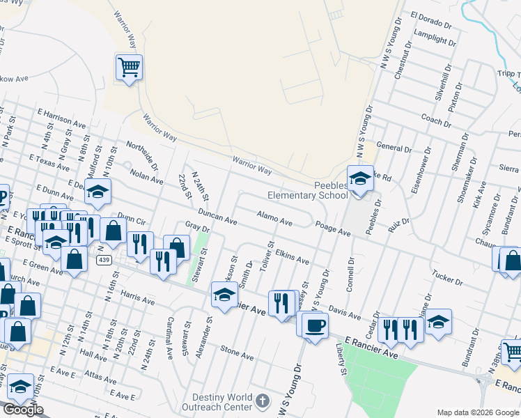map of restaurants, bars, coffee shops, grocery stores, and more near 1510 Poage Avenue in Killeen
