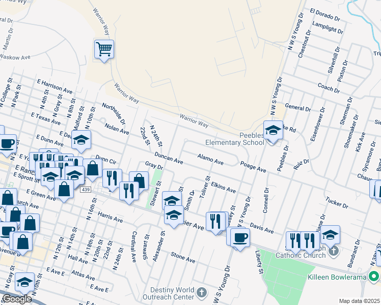 map of restaurants, bars, coffee shops, grocery stores, and more near 1510 Poage Avenue in Killeen