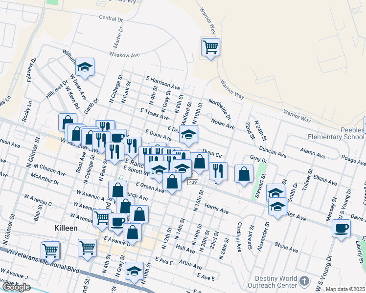 map of restaurants, bars, coffee shops, grocery stores, and more near 1300 North 8th Street in Killeen