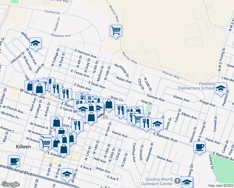 map of restaurants, bars, coffee shops, grocery stores, and more near 607 East Dean Avenue in Killeen