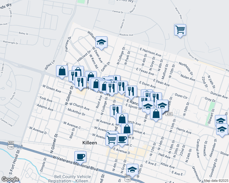 map of restaurants, bars, coffee shops, grocery stores, and more near 207 West Young Avenue in Killeen