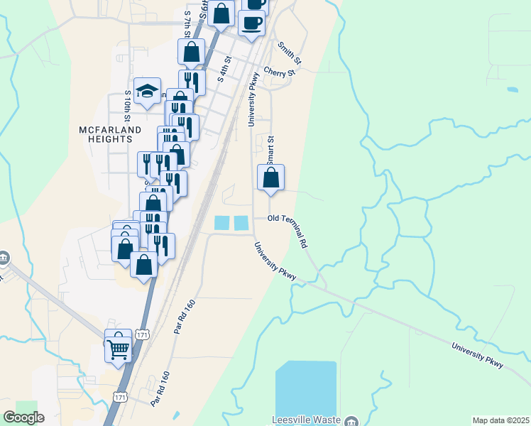 map of restaurants, bars, coffee shops, grocery stores, and more near 1675-1783 Smart Street in Leesville