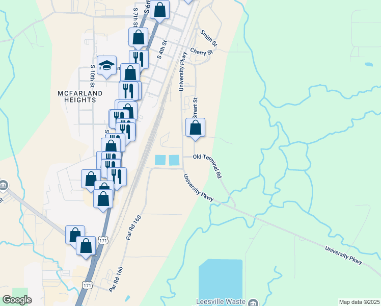 map of restaurants, bars, coffee shops, grocery stores, and more near 1675-1783 Smart Street in Leesville