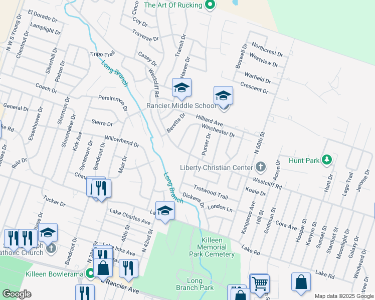 map of restaurants, bars, coffee shops, grocery stores, and more near 2305 Dickens Drive in Killeen