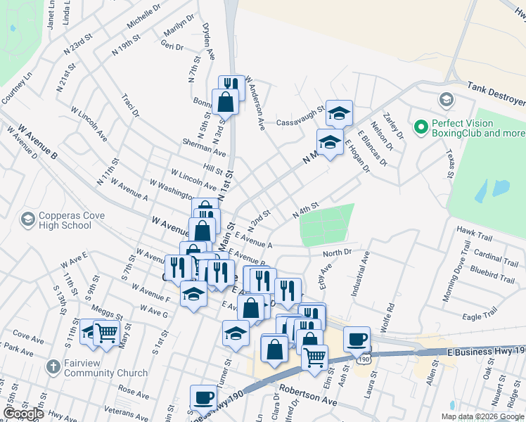map of restaurants, bars, coffee shops, grocery stores, and more near 601 North 2nd Street in Copperas Cove