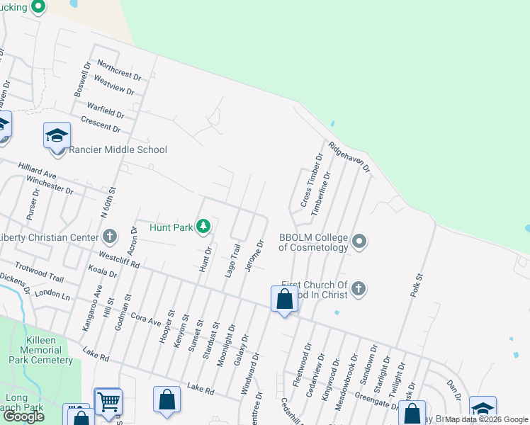 map of restaurants, bars, coffee shops, grocery stores, and more near 2506 Ridglea Court in Killeen