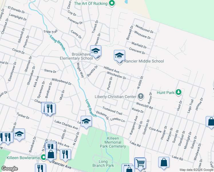 map of restaurants, bars, coffee shops, grocery stores, and more near 2305 Dickens Drive in Killeen