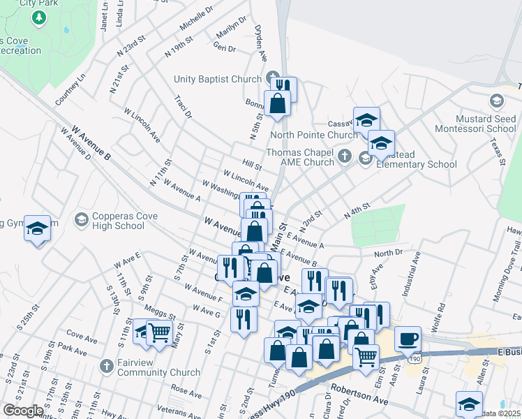 map of restaurants, bars, coffee shops, grocery stores, and more near 501 North 1st Street in Copperas Cove
