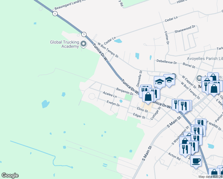 map of restaurants, bars, coffee shops, grocery stores, and more near 608-692 Benjamin Drive in Marksville