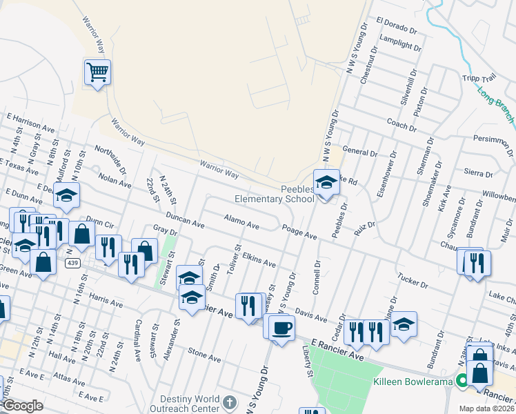 map of restaurants, bars, coffee shops, grocery stores, and more near 1902 White Avenue in Killeen