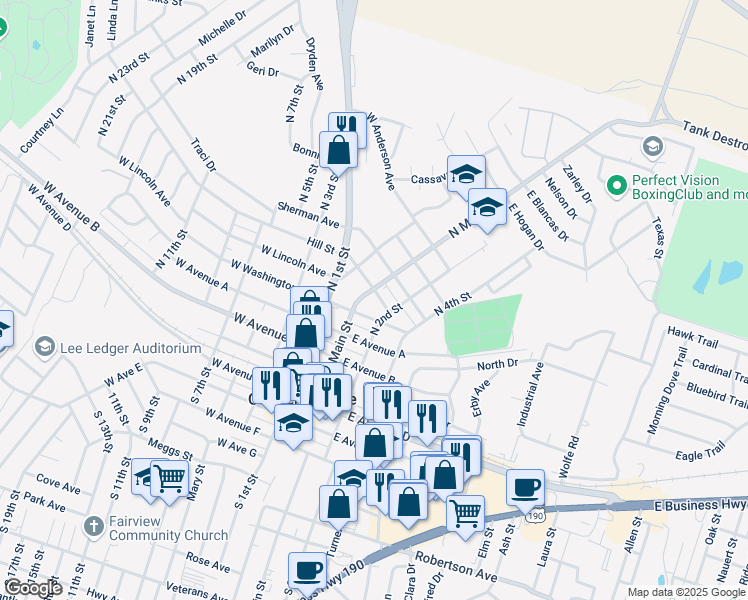 map of restaurants, bars, coffee shops, grocery stores, and more near 602 East Truman Avenue in Copperas Cove