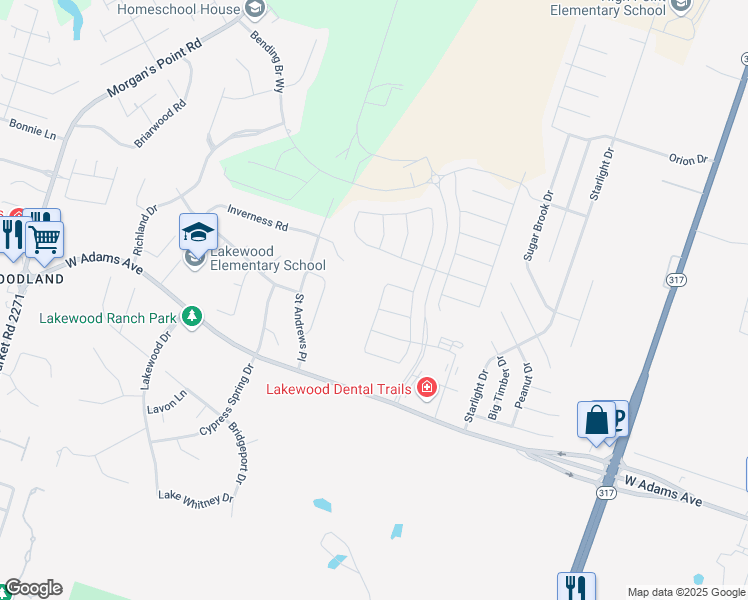 map of restaurants, bars, coffee shops, grocery stores, and more near 1709 Bryson Drive in Temple