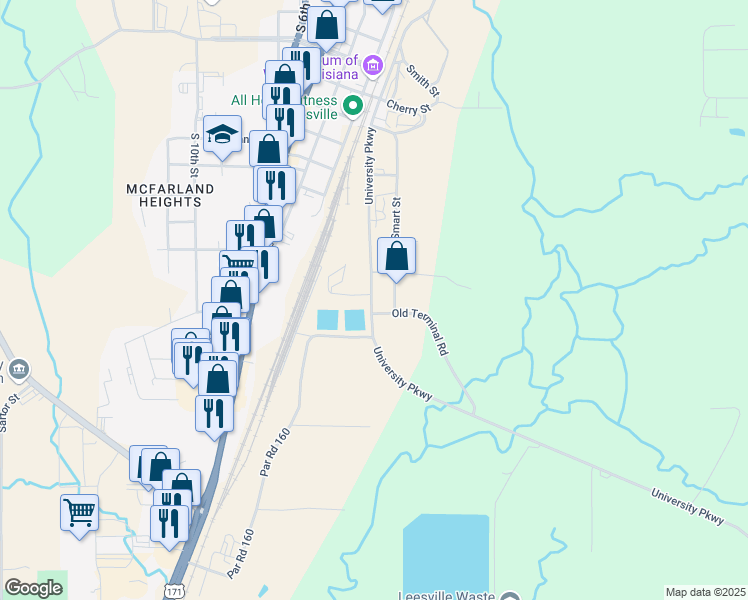 map of restaurants, bars, coffee shops, grocery stores, and more near 1601 University Parkway in Leesville