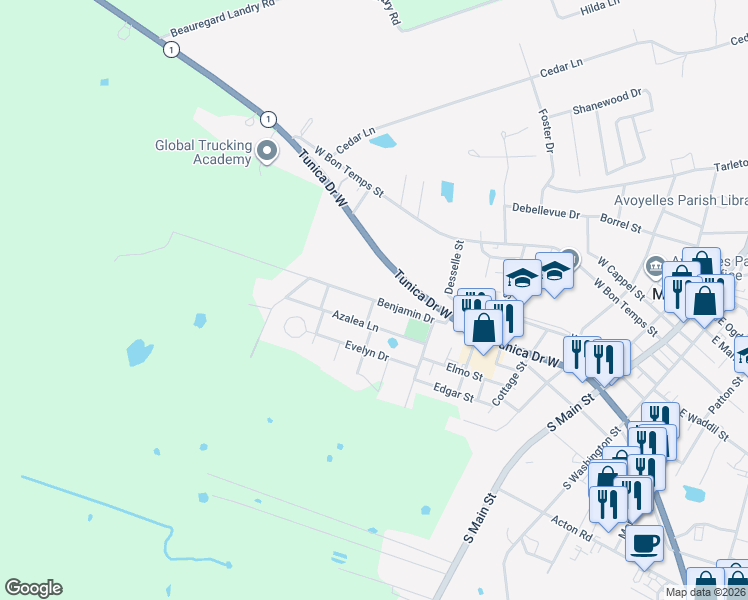 map of restaurants, bars, coffee shops, grocery stores, and more near 608 Benjamin Drive in Marksville