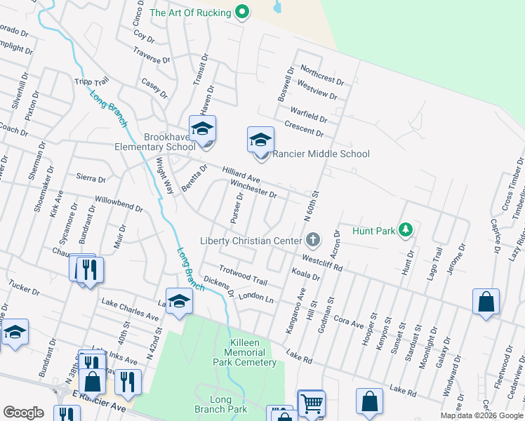 map of restaurants, bars, coffee shops, grocery stores, and more near 2602 Marlin Drive in Killeen