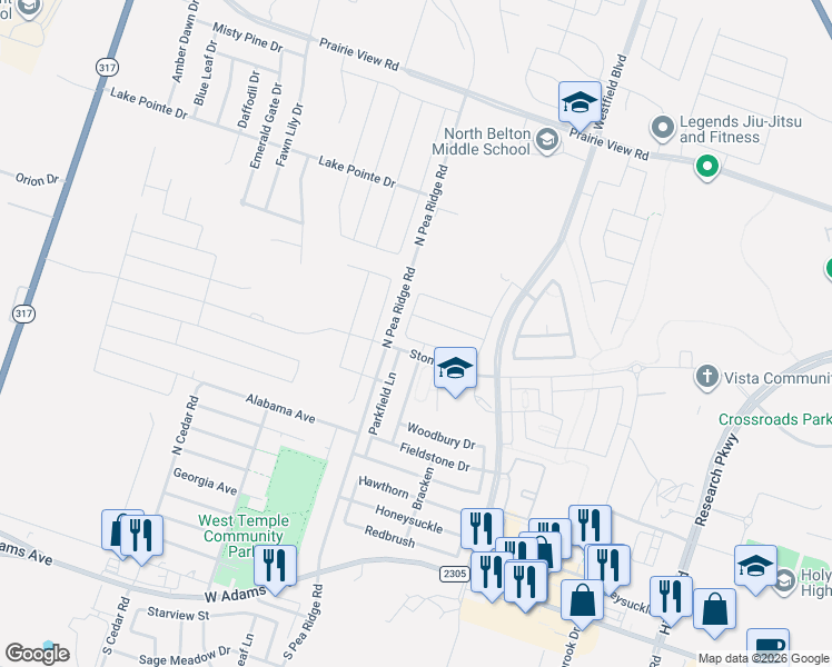 map of restaurants, bars, coffee shops, grocery stores, and more near 901 North Pea Ridge Road in Temple