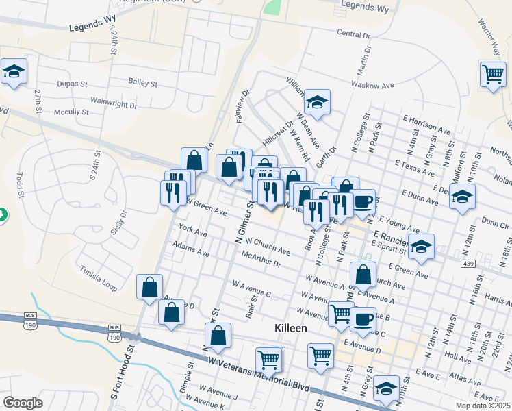 map of restaurants, bars, coffee shops, grocery stores, and more near 816 North Gilmer Street in Killeen