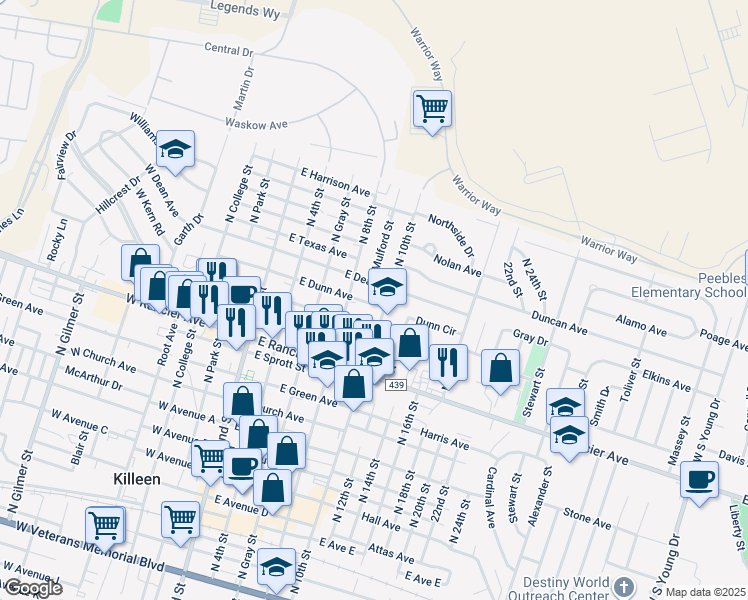 map of restaurants, bars, coffee shops, grocery stores, and more near 1300 North 8th Street in Killeen