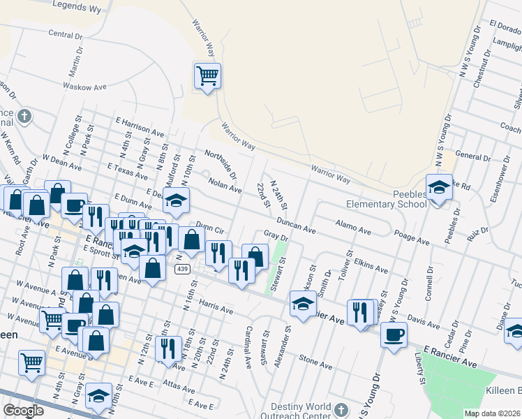 map of restaurants, bars, coffee shops, grocery stores, and more near 1105 Duncan Avenue in Killeen