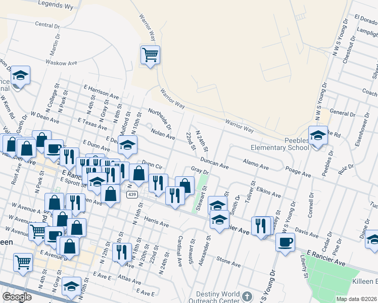 map of restaurants, bars, coffee shops, grocery stores, and more near 1105 Duncan Avenue in Killeen
