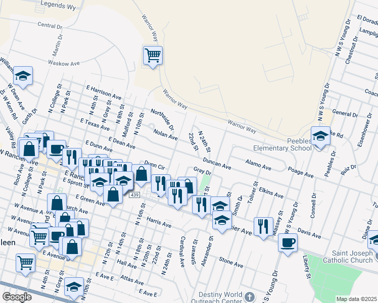 map of restaurants, bars, coffee shops, grocery stores, and more near 1105 Duncan Avenue in Killeen