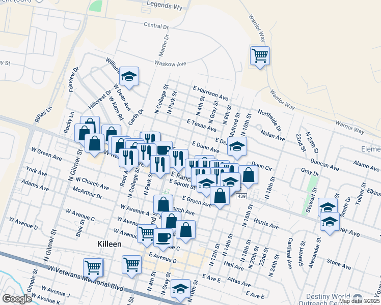 map of restaurants, bars, coffee shops, grocery stores, and more near 1202 North 4th Street in Killeen