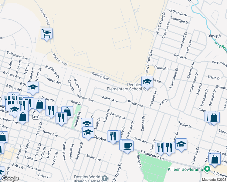 map of restaurants, bars, coffee shops, grocery stores, and more near 1705 Poage Avenue in Killeen
