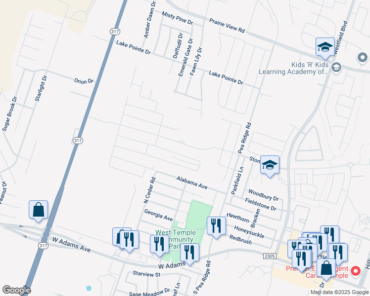 map of restaurants, bars, coffee shops, grocery stores, and more near 914 North Pea Ridge Road in Temple