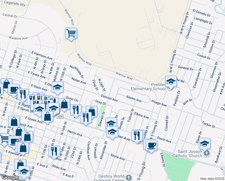 map of restaurants, bars, coffee shops, grocery stores, and more near 1708 Stewart Street in Killeen