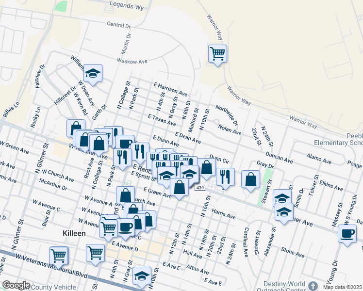 map of restaurants, bars, coffee shops, grocery stores, and more near 1300 North 8th Street in Killeen