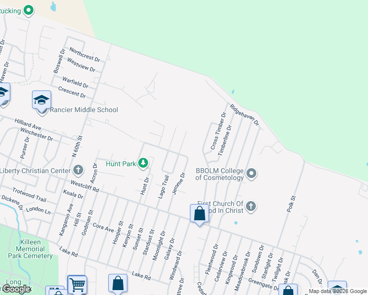 map of restaurants, bars, coffee shops, grocery stores, and more near 2506 Ridglea Court in Killeen