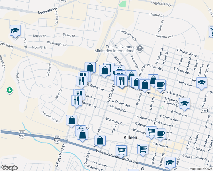 map of restaurants, bars, coffee shops, grocery stores, and more near 851 Elm Street in Killeen