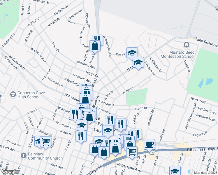 map of restaurants, bars, coffee shops, grocery stores, and more near 604 North Main Street in Copperas Cove