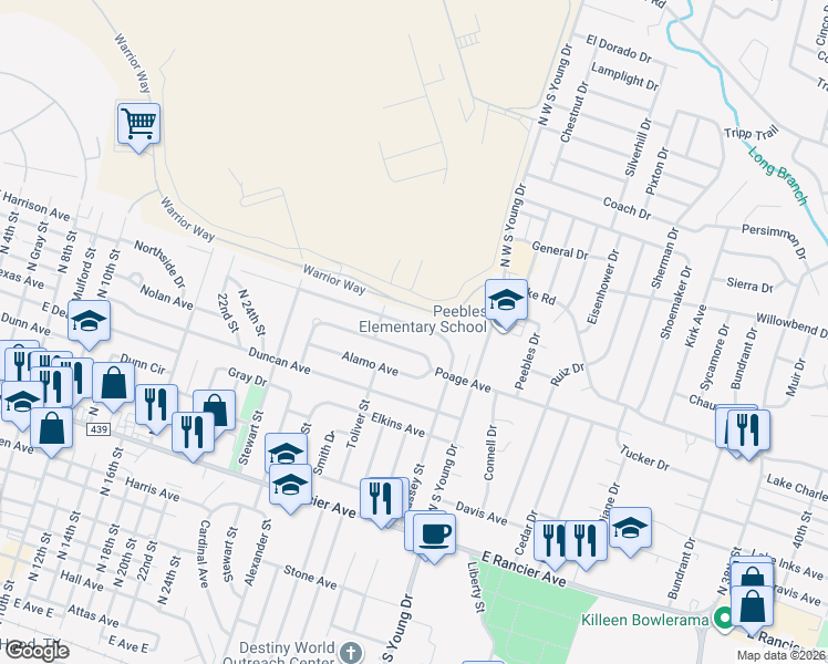 map of restaurants, bars, coffee shops, grocery stores, and more near 1902 White Avenue in Killeen