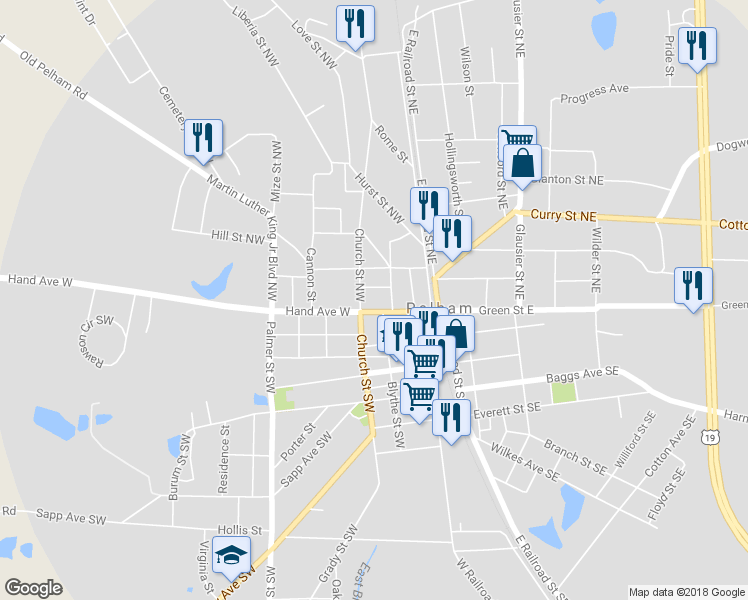 map of restaurants, bars, coffee shops, grocery stores, and more near 176 Hand Avenue West in Pelham